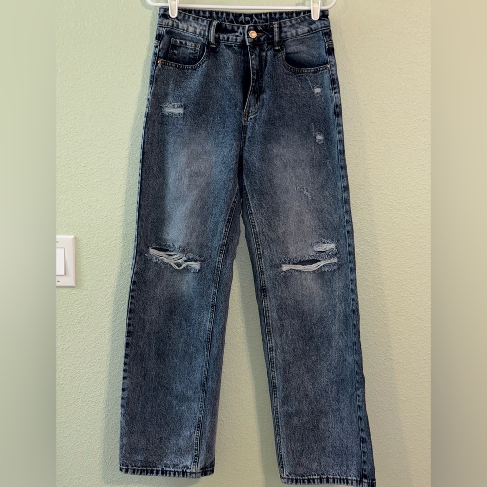 SHEIN Women's Blue Distressed Wide Leg Jeans